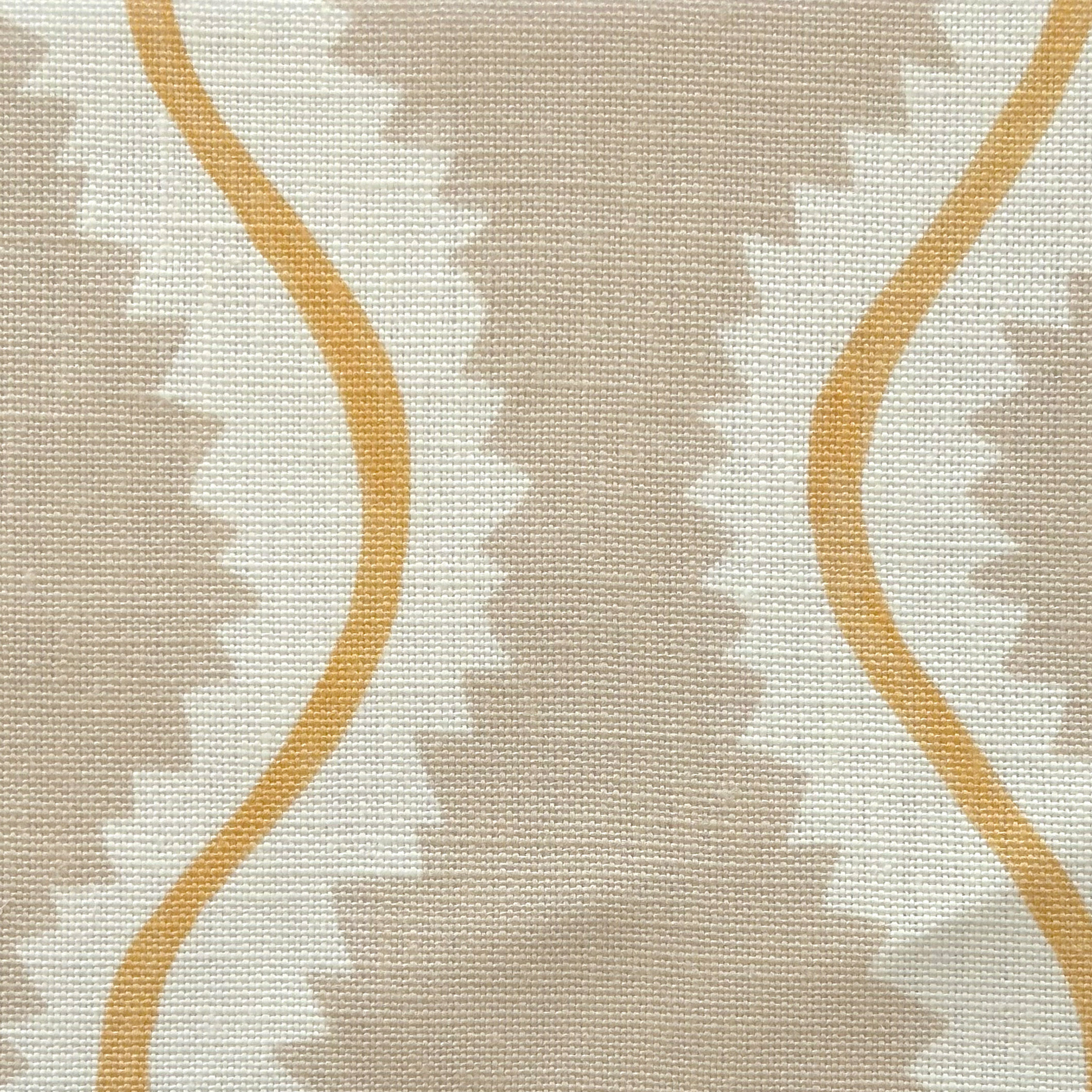 Close-up of fabric in a playful curvy stripe print in white and yellow on a beige field.