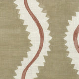 Close-up of fabric in a playful curvy stripe print in white and brown on an olive field.