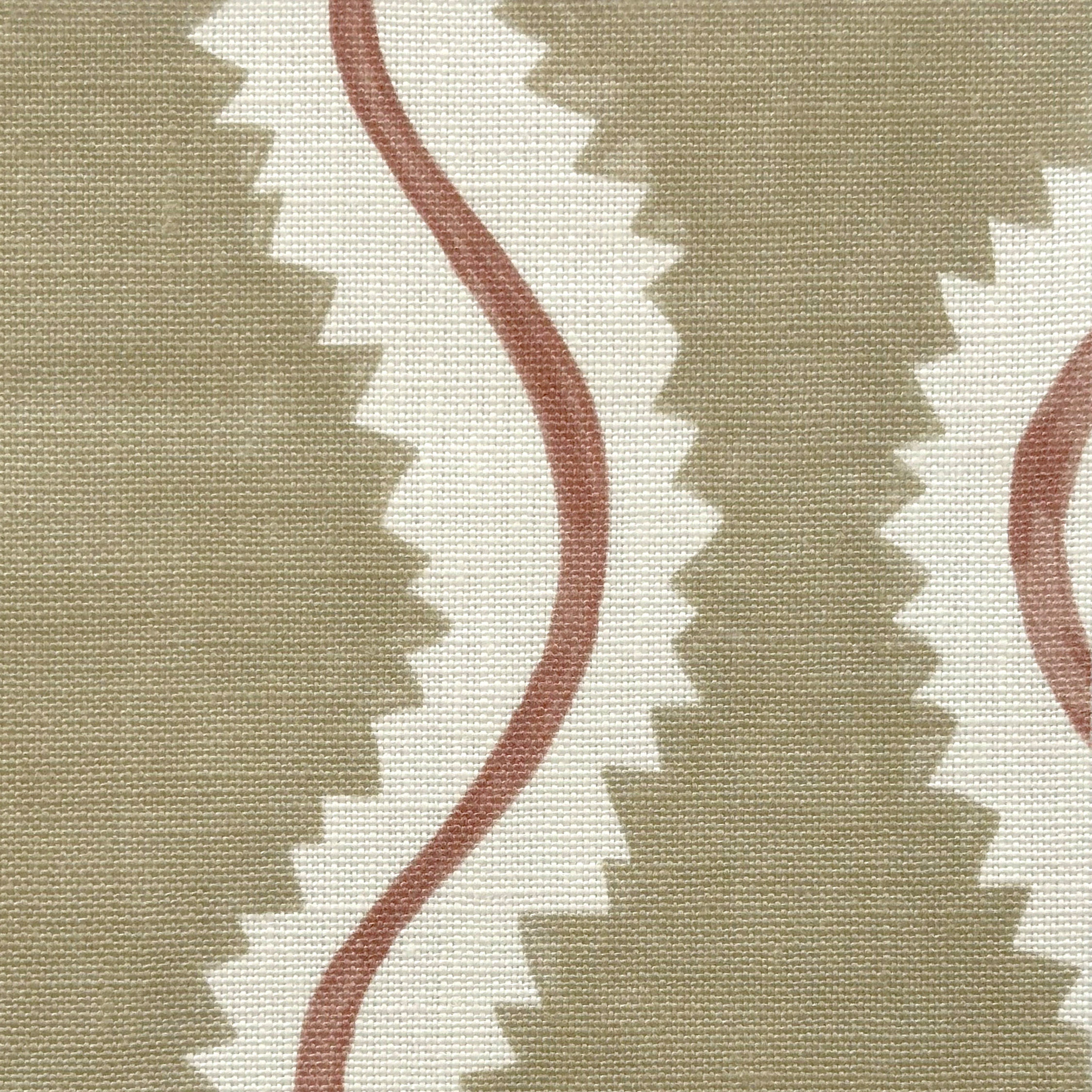 Close-up of fabric in a playful curvy stripe print in white and brown on an olive field.