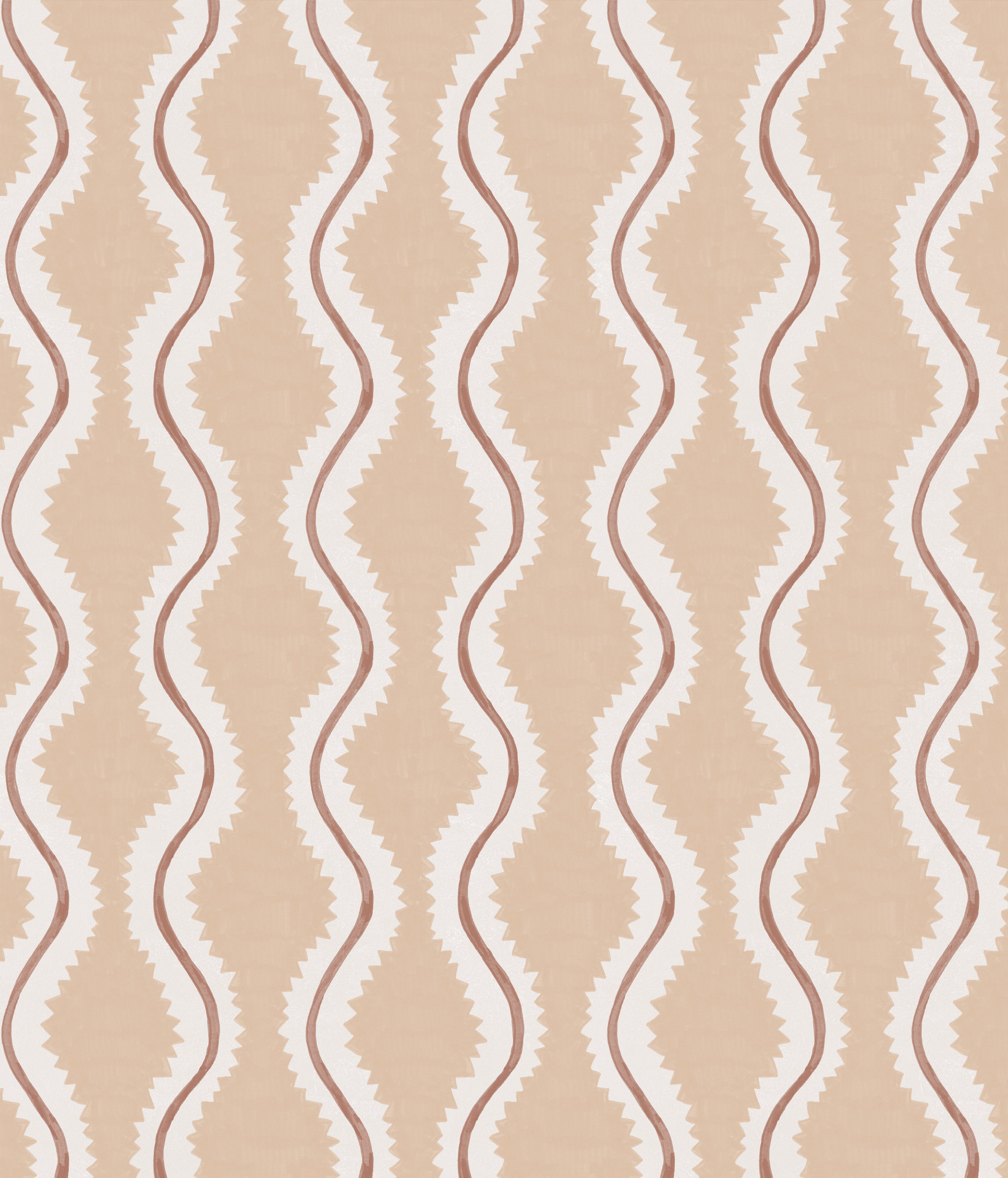 Detail of fabric in a playful curvy stripe print in white and brown on a light pink field.