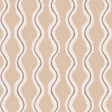 Detail of wallpaper in a playful curvy stripe print in white and brown on a light pink field.