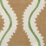 Close-up of fabric in a playful curvy stripe print in white and green on a burnt orange field.