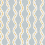 Detail of fabric in a playful curvy stripe print in white and yellow on a light blue field.