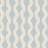 Detail of fabric in a playful curvy stripe print in white and yellow on a light blue field.