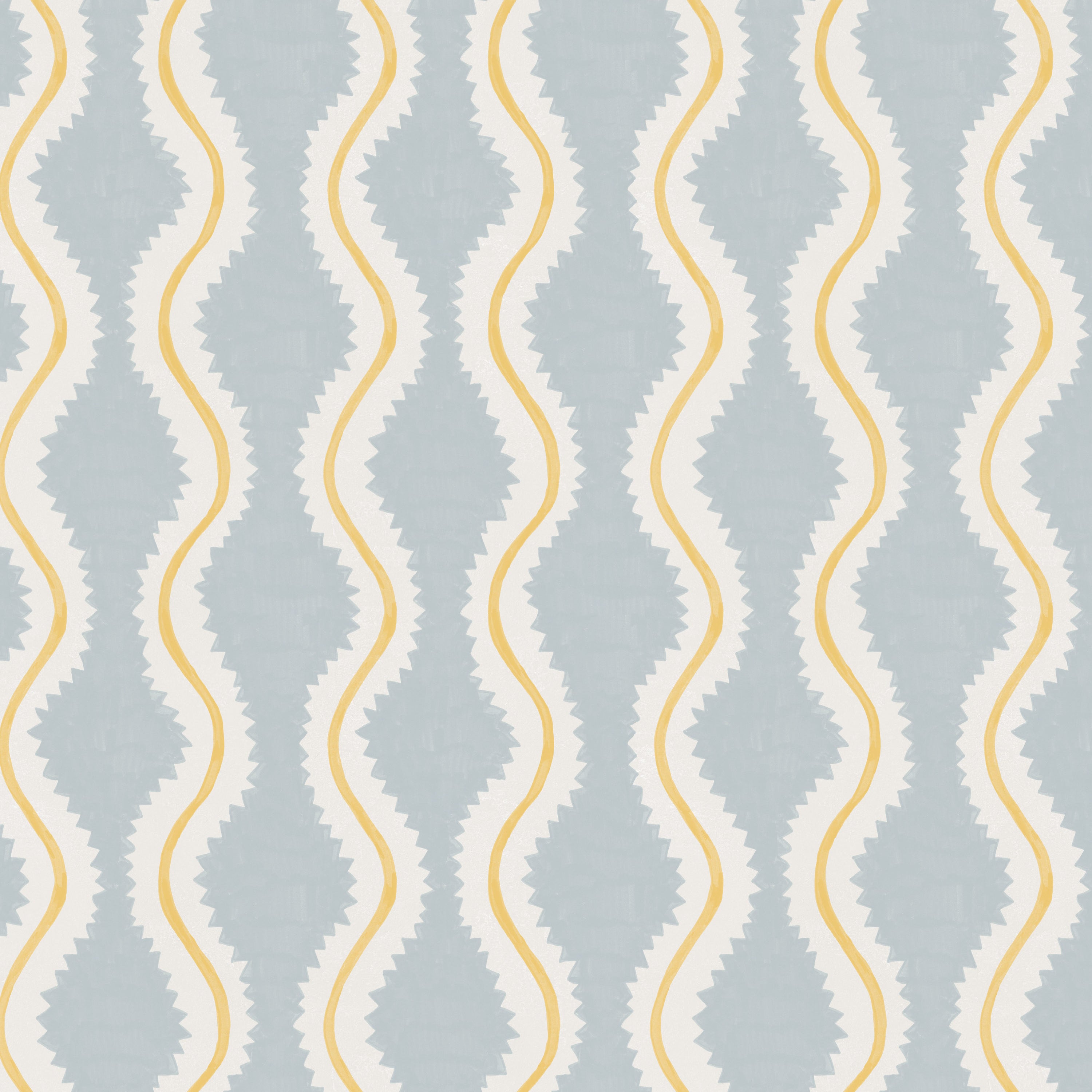 Detail of fabric in a playful curvy stripe print in white and yellow on a light blue field.