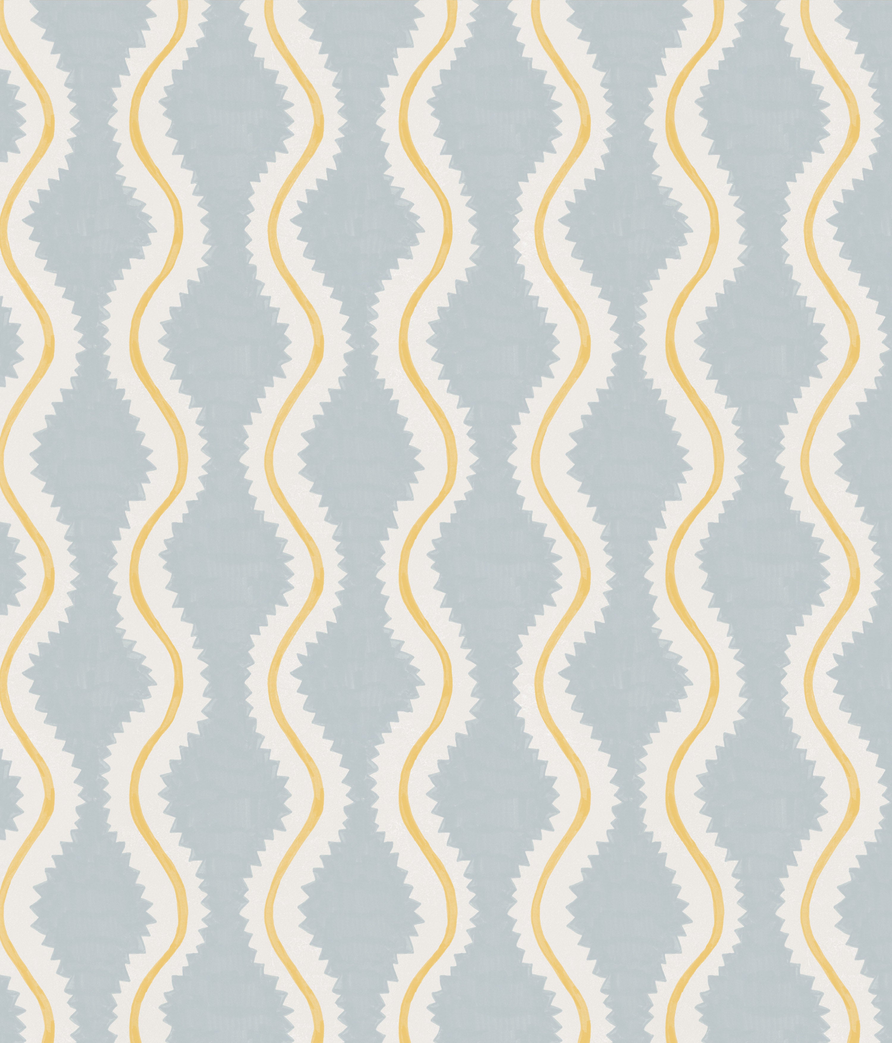 Detail of fabric in a playful curvy stripe print in white and yellow on a light blue field.