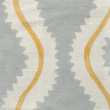 Close-up of fabric in a playful curvy stripe print in white and yellow on a light blue field.