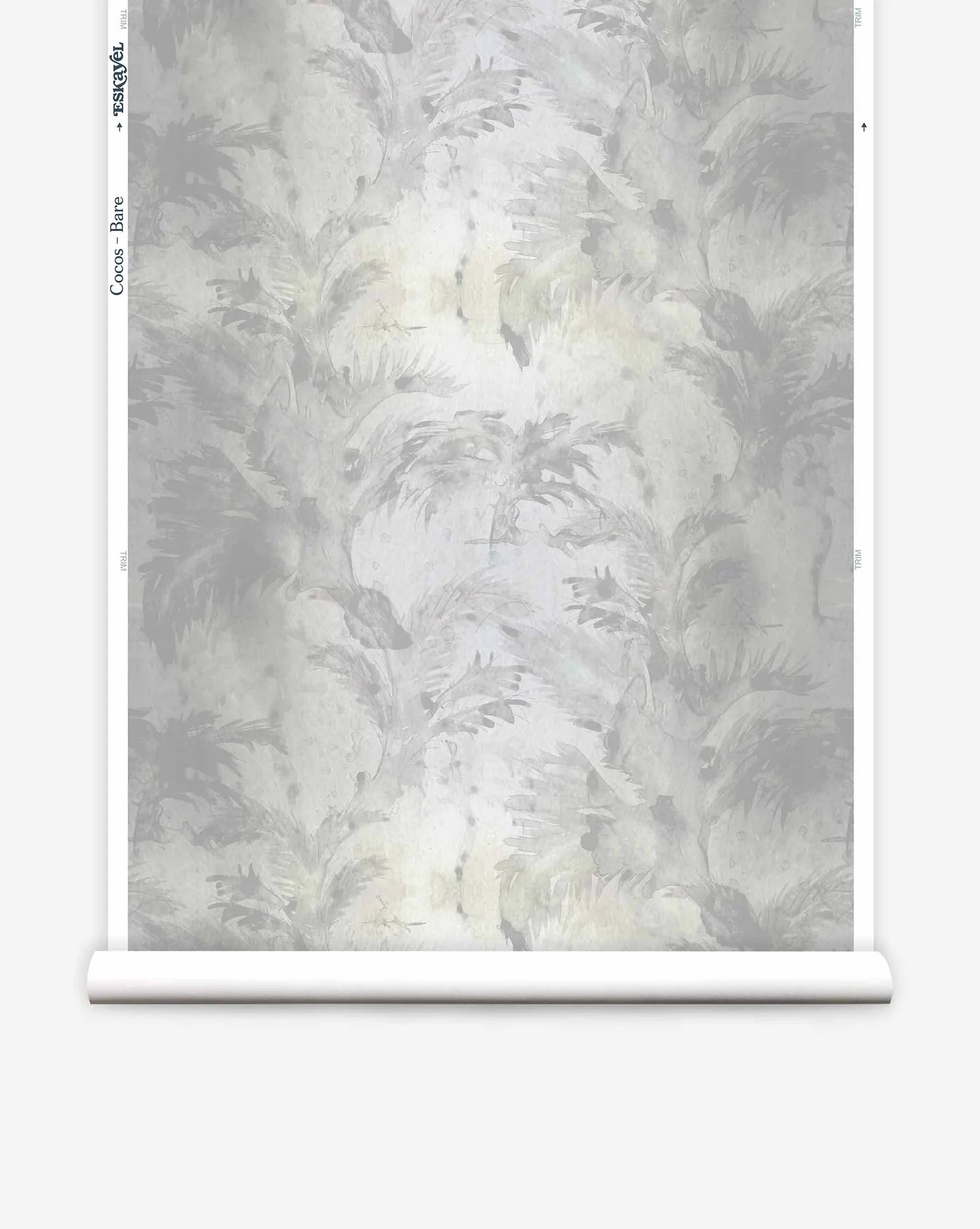Partially unrolled wallpaper yardage in a painterly palm tree print in shades of gray and cream.