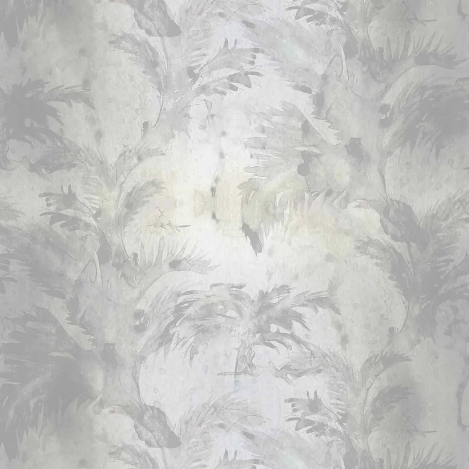 Detail of wallpaper in a painterly palm tree print in shades of gray and cream.
