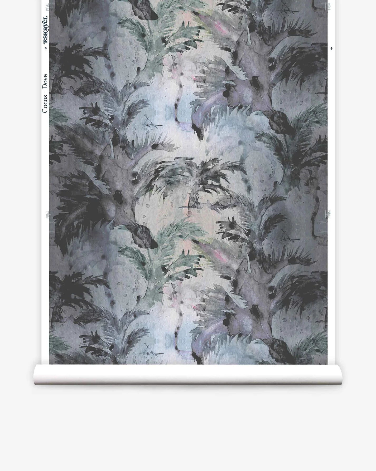Partially unrolled wallpaper yardage in a painterly palm tree print in shades of gray and blue on a white field.