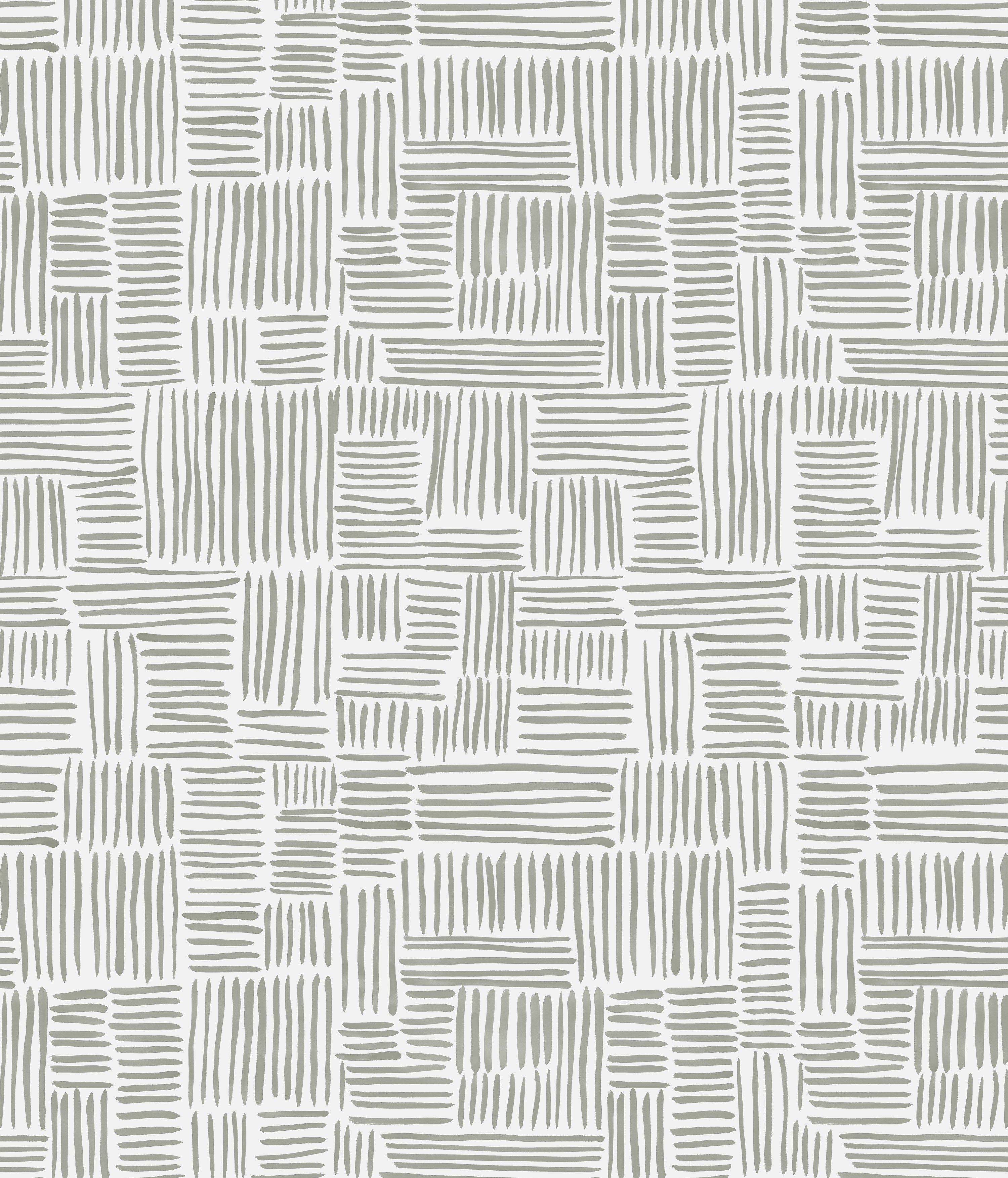 Detail of wallpaper in a directional dash pattern in green-gray on a white field.