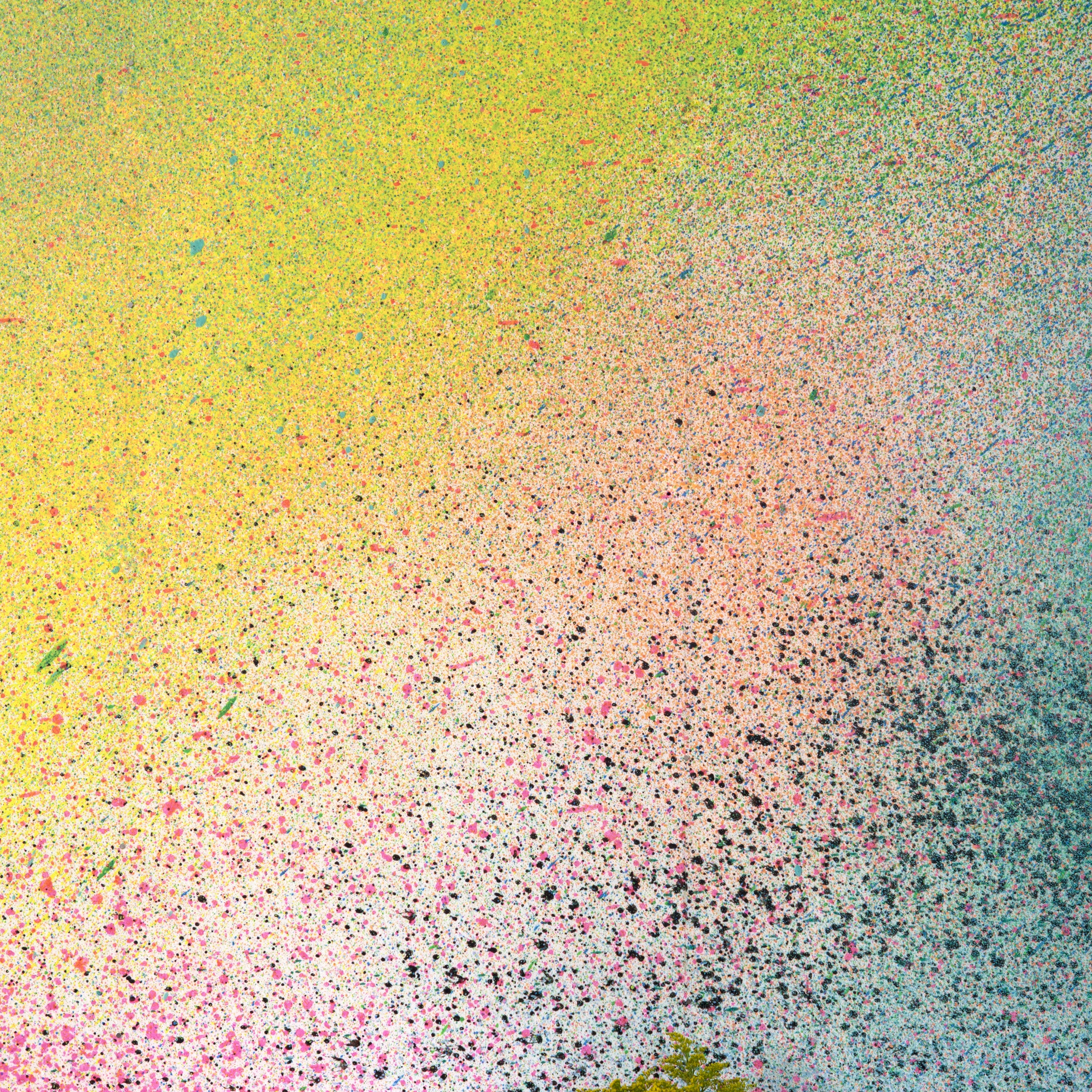A vase of flowers stands in front of a wall covered in an abstract ombré paint splatter print in pink, yellow, blue and green.