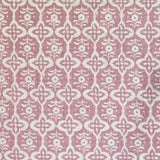 Detail of fabric in a floral grid print in cream on a pink field.