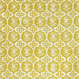 Detail of fabric in a floral grid print in cream on a mustard field.