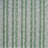 Detail of fabric in a dense tribal stripe pattern in shades of gray and green.