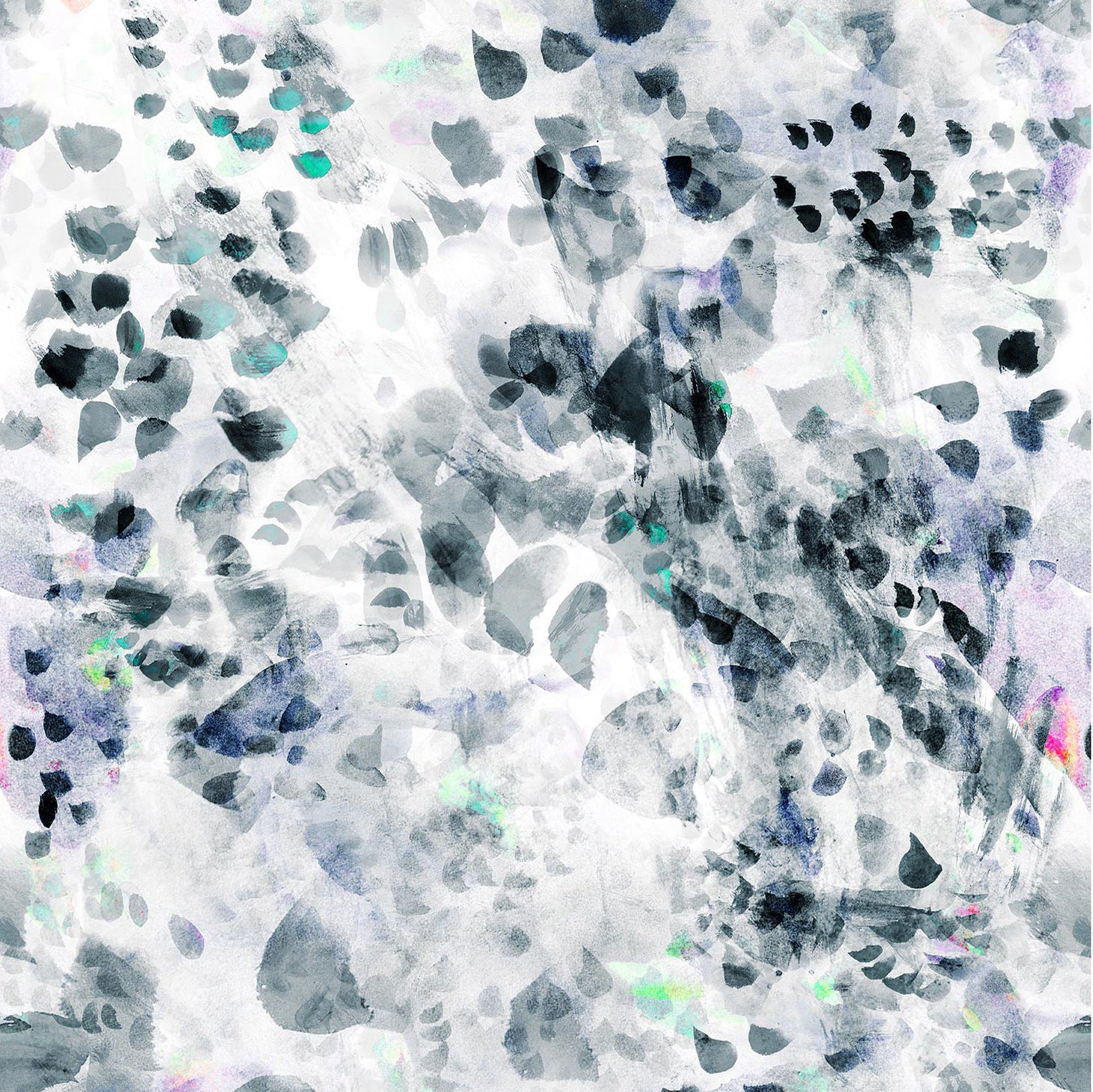 Detail of wallpaper in a watercolor paint blotch print in black, gray, blue and green on a white field.