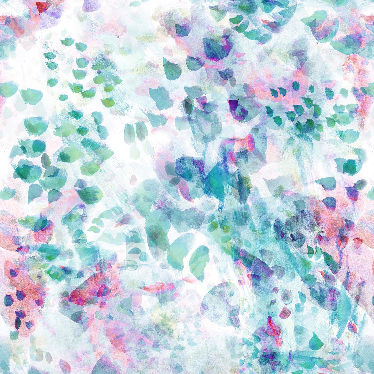 Detail of wallpaper in a watercolor paint blotch print in pink, green and turquoise on a white field.