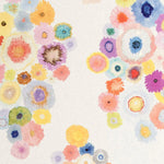 Detail of wallpaper in a painterly floral print in multicolor pastels on a white field.