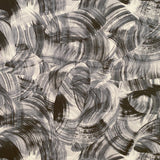 Detail of wallpaper in an abstract paint swatch print in black on a white field.