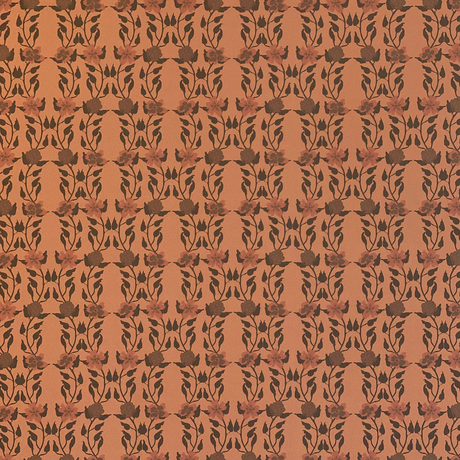 Detail of wallpaper in a linear floral print in red and black on an orange field.