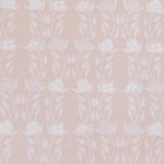 Detail of wallpaper in a linear floral print in white and cream on a light pink field.