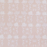 Detail of wallpaper in a linear floral print in white and cream on a light pink field.