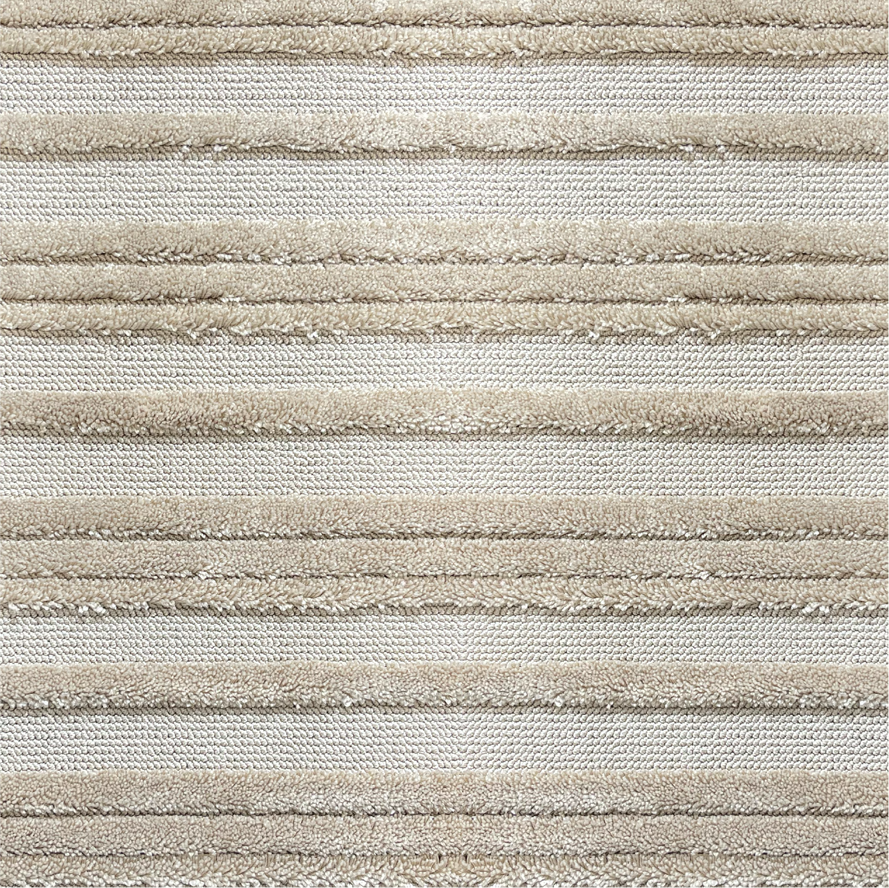 Textured carpet with horizontal loop and raised cut pile stripes in beige.