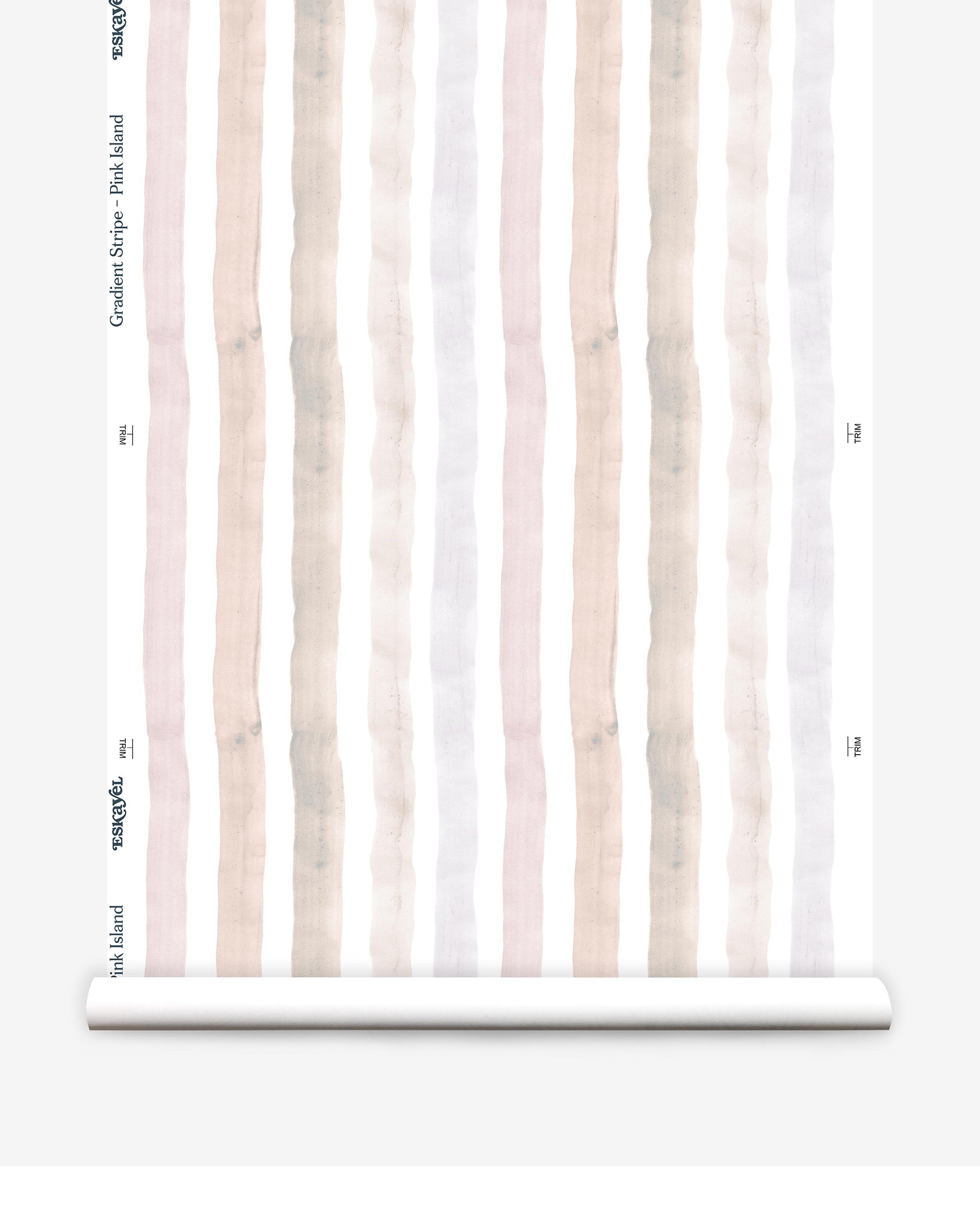 Partially unrolled wallpaper yardage in a painterly stripe print in shades of pink, gray and cream on a white field.