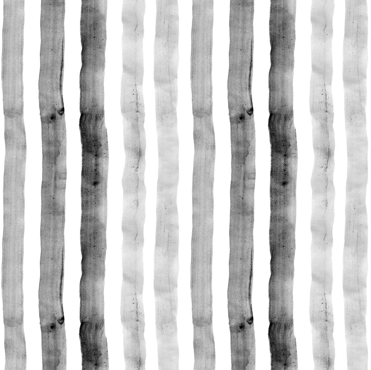 Detail of wallpaper in a painterly stripe print in shades of gray on a white field.
