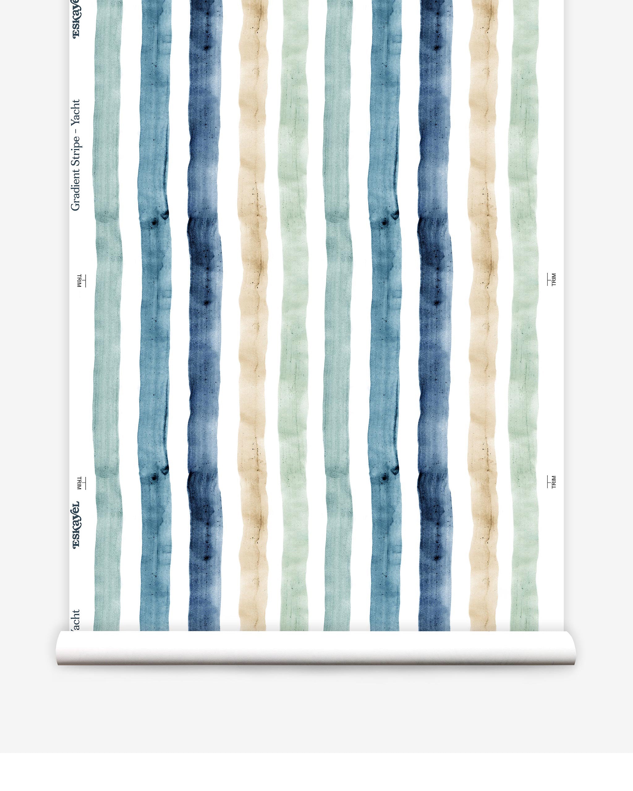 Partially unrolled wallpaper yardage in a painterly stripe print in shades of blue, green and tan on a white field.