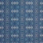 Printed grasscloth with ikat stripe design in blue and cream 