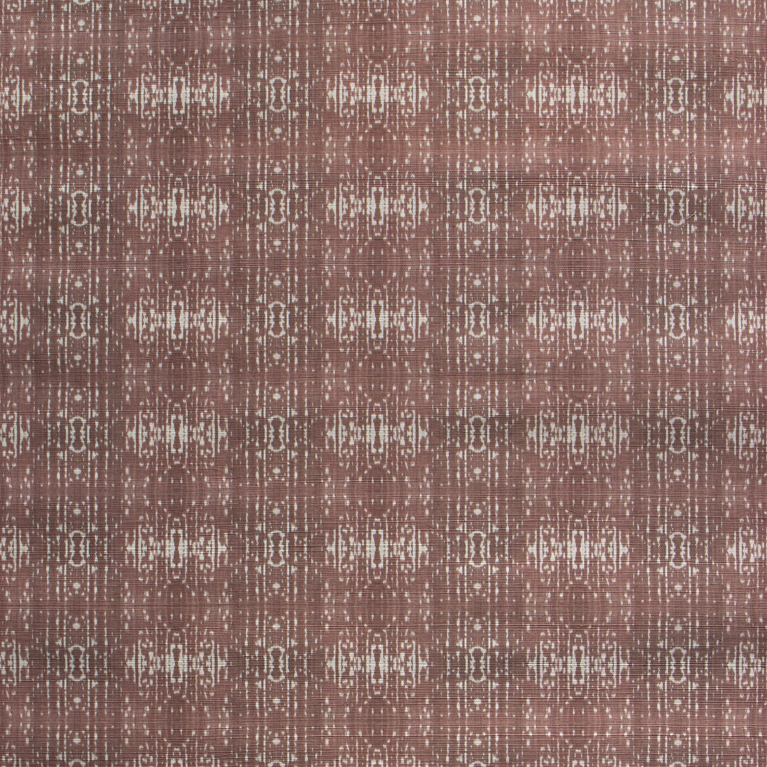 Printed grasscloth with ikat stripe design in mauve red and cream 