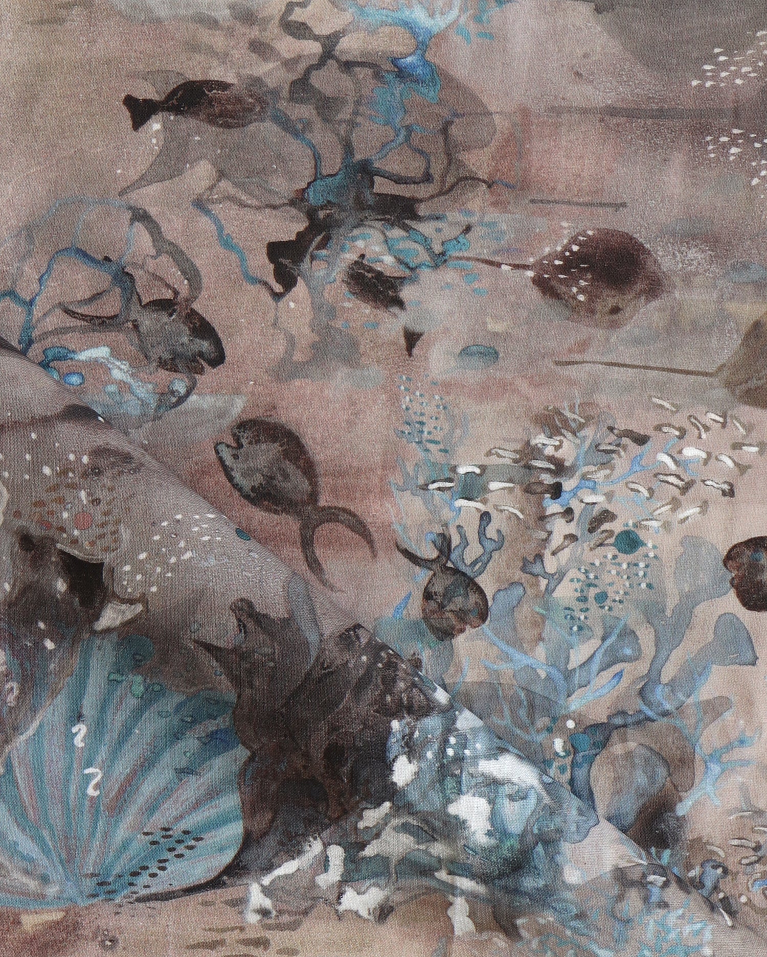 Draped fabric in an underwater sealife scene in shades of mauve, grey and turquoise. 