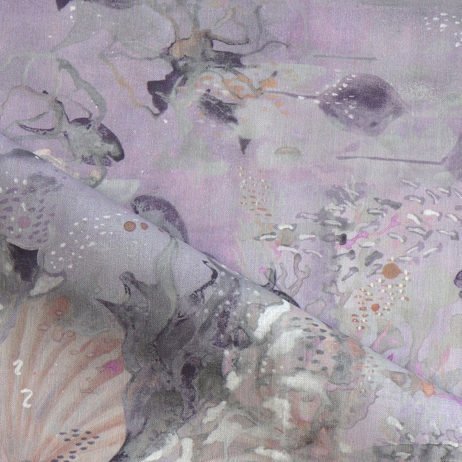 Draped fabric in an underwater sealife scene in shades of light purple. 