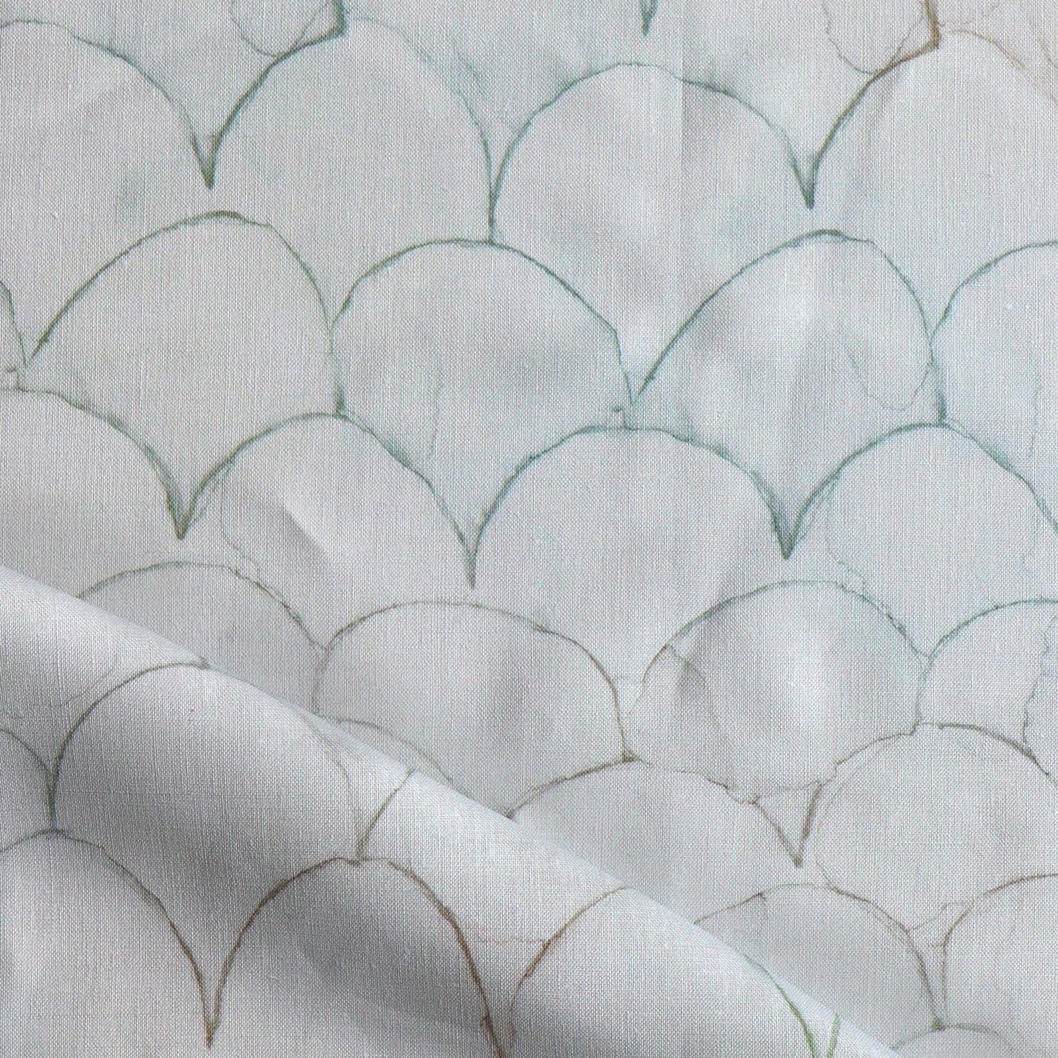 Detail of draped fabric in a watercolor linear scallop pattern in green on a sage field. 