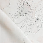 Detail of draped fabric in a painterly floral print in shades of pink and charcoal on a white field.