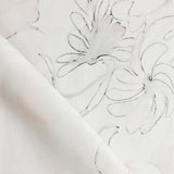 Detail of draped fabric in a painterly floral print in shades of pink and charcoal on a white field.