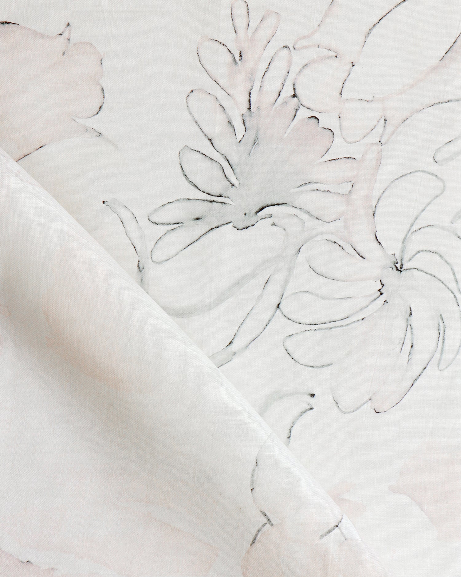 Detail of draped fabric in a painterly floral print in shades of pink and charcoal on a white field.
