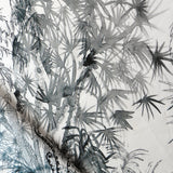 Detail of draped fabric in a painterly palm tree print in gray on a cream field.