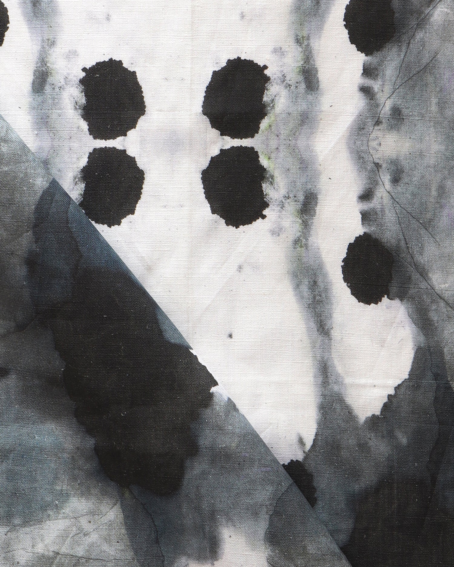 Detail of draped fabric in a watercolor ink blot print in shades of charcoal and gray on a white field.
