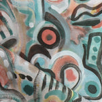 Draped fabric in abstract brushstroke design in shades of teal, rust brown and black accents. 