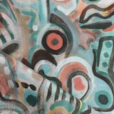 Draped fabric in abstract brushstroke design in shades of teal, rust brown and black accents. 