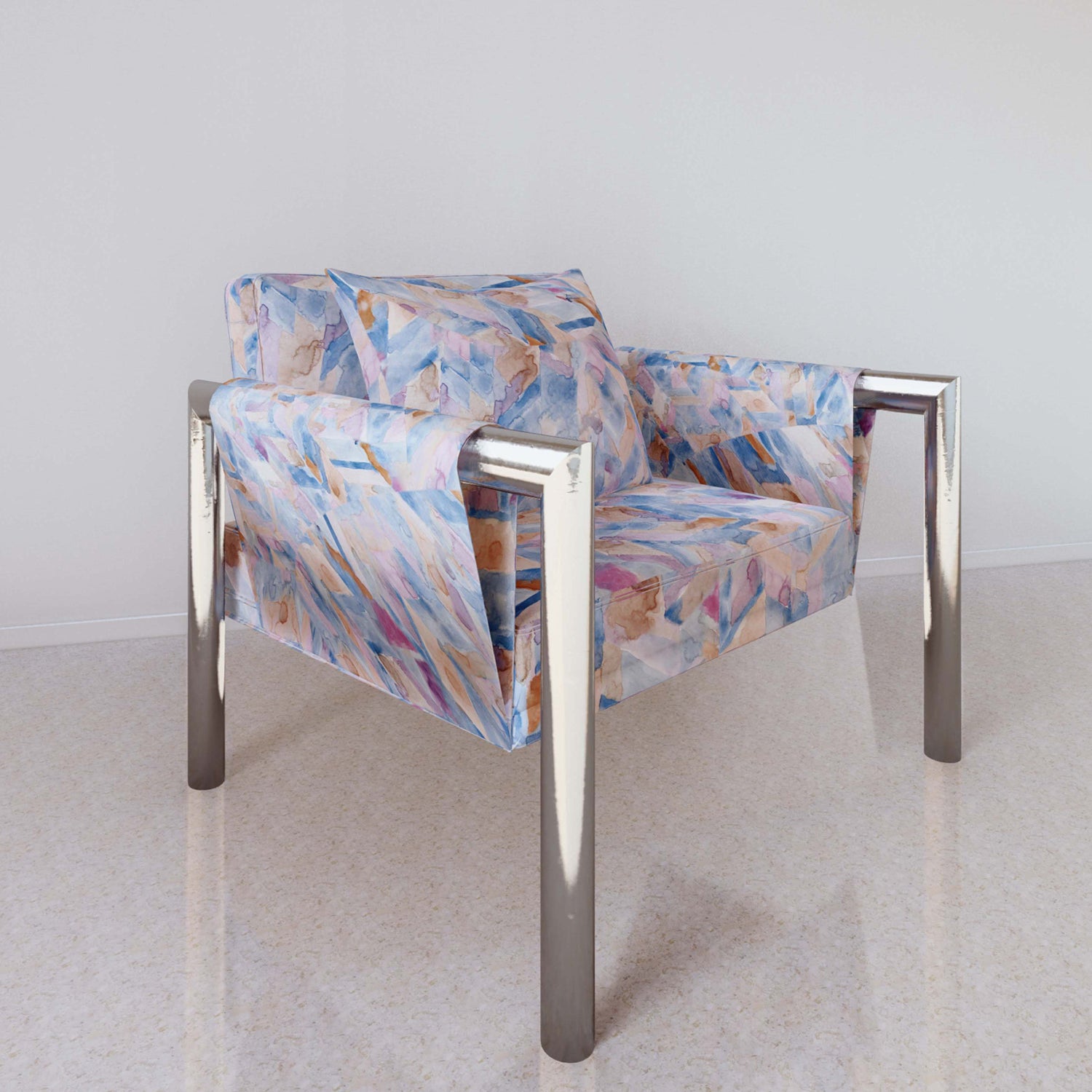 Chrome side chair upholstered with fabric in a painterly herringbone print in shades of blue, pink and orange.