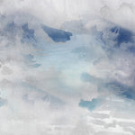 Wallpaper detail of an ethereal watercolor mural in shades of blue and grey. 