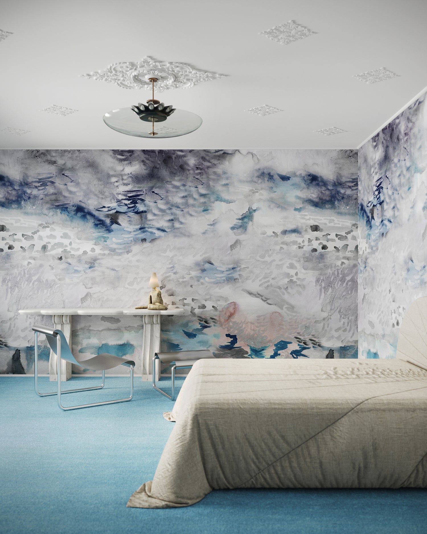 Modern simple bedroom scene with an etheral wallpaper mural in shades of blue. 