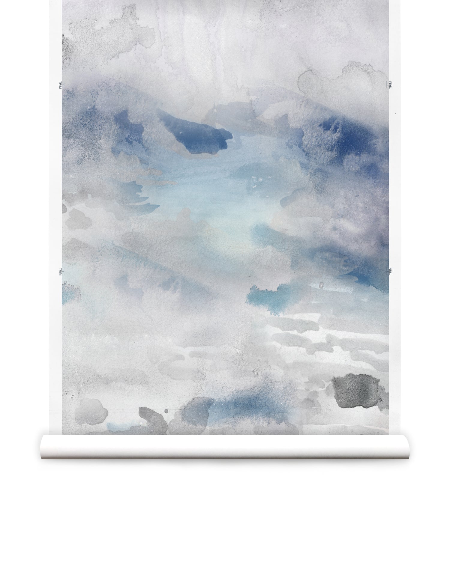 Wallpaper roll of an ethereal watercolor mural in shades of blue and grey. 