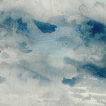 Wallpaper detail of an ethereal watercolor mural in shades teal, blue and soft grey. 