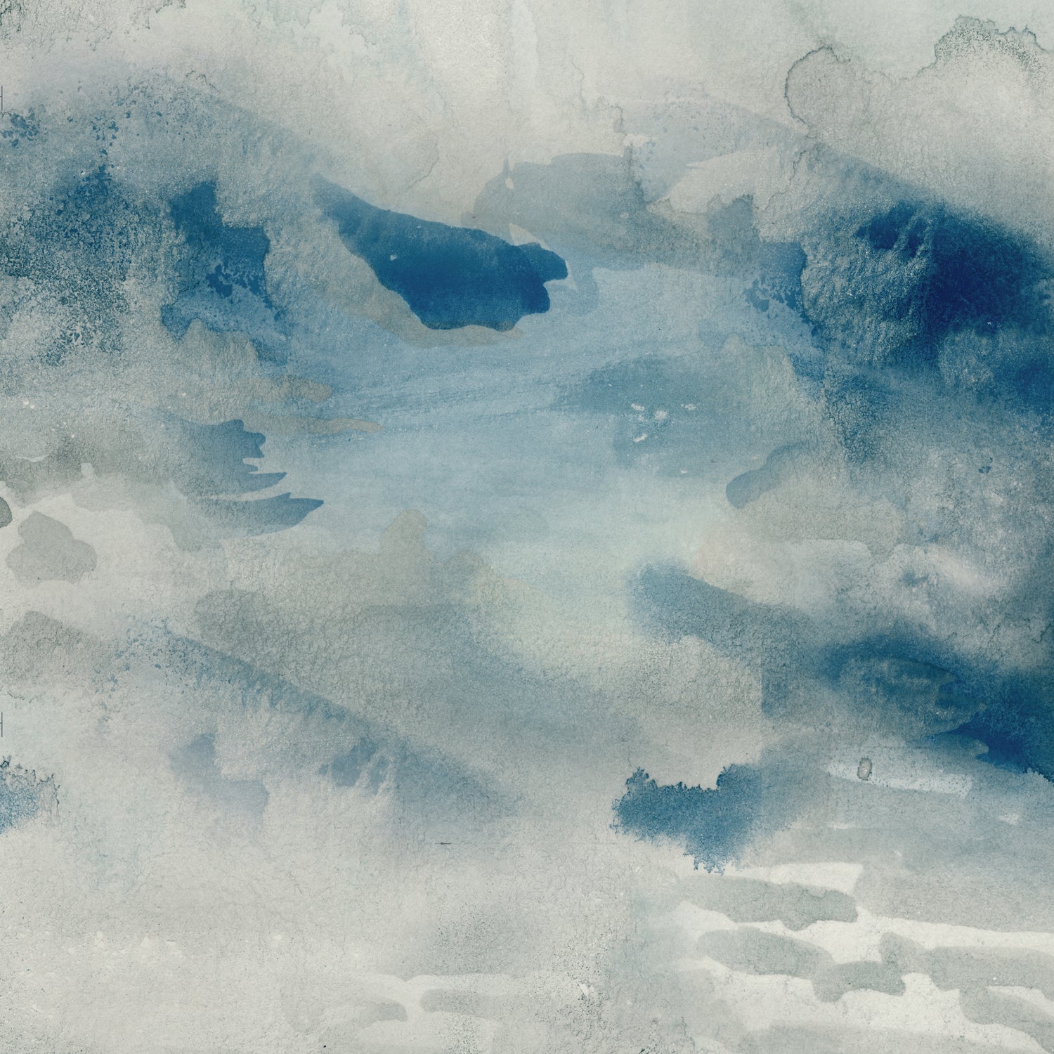 Wallpaper detail of an ethereal watercolor mural in shades teal, blue and soft grey. 