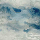 Wallpaper detail of an ethereal watercolor mural in shades teal, blue and soft grey. 