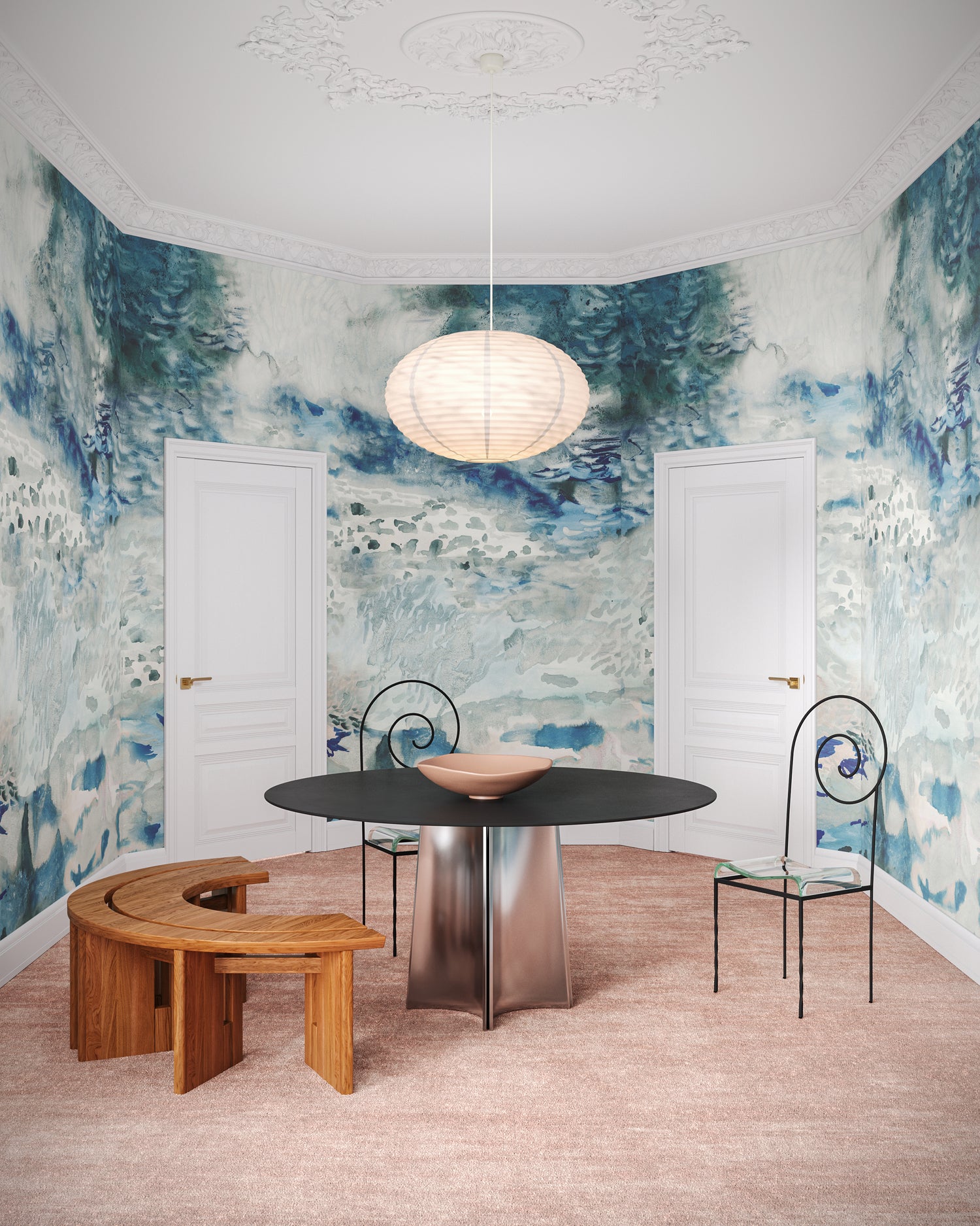Ornate dining room scene with an ethereal watercolor mural in shades of teal and grey. 